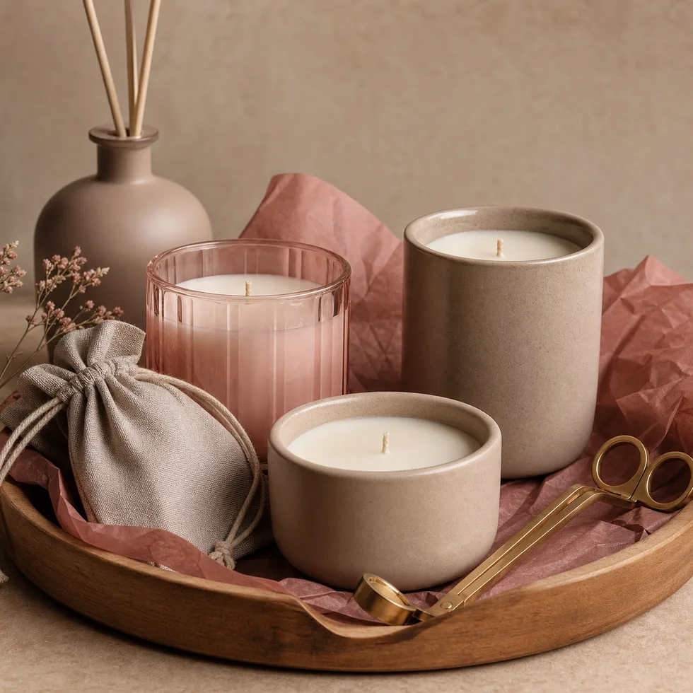 Luxe kaarsen cadeauset met linnen zakje en messing wick trimmer.