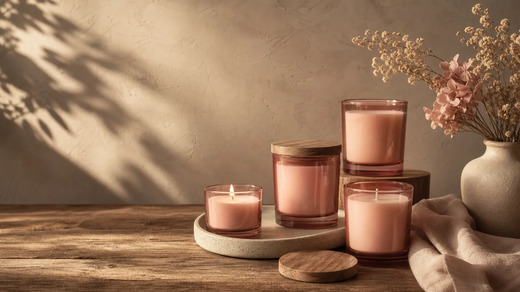 Oudroze kaarsen op een houten tafel met donkerbeige wand en gedroogde bloemen.